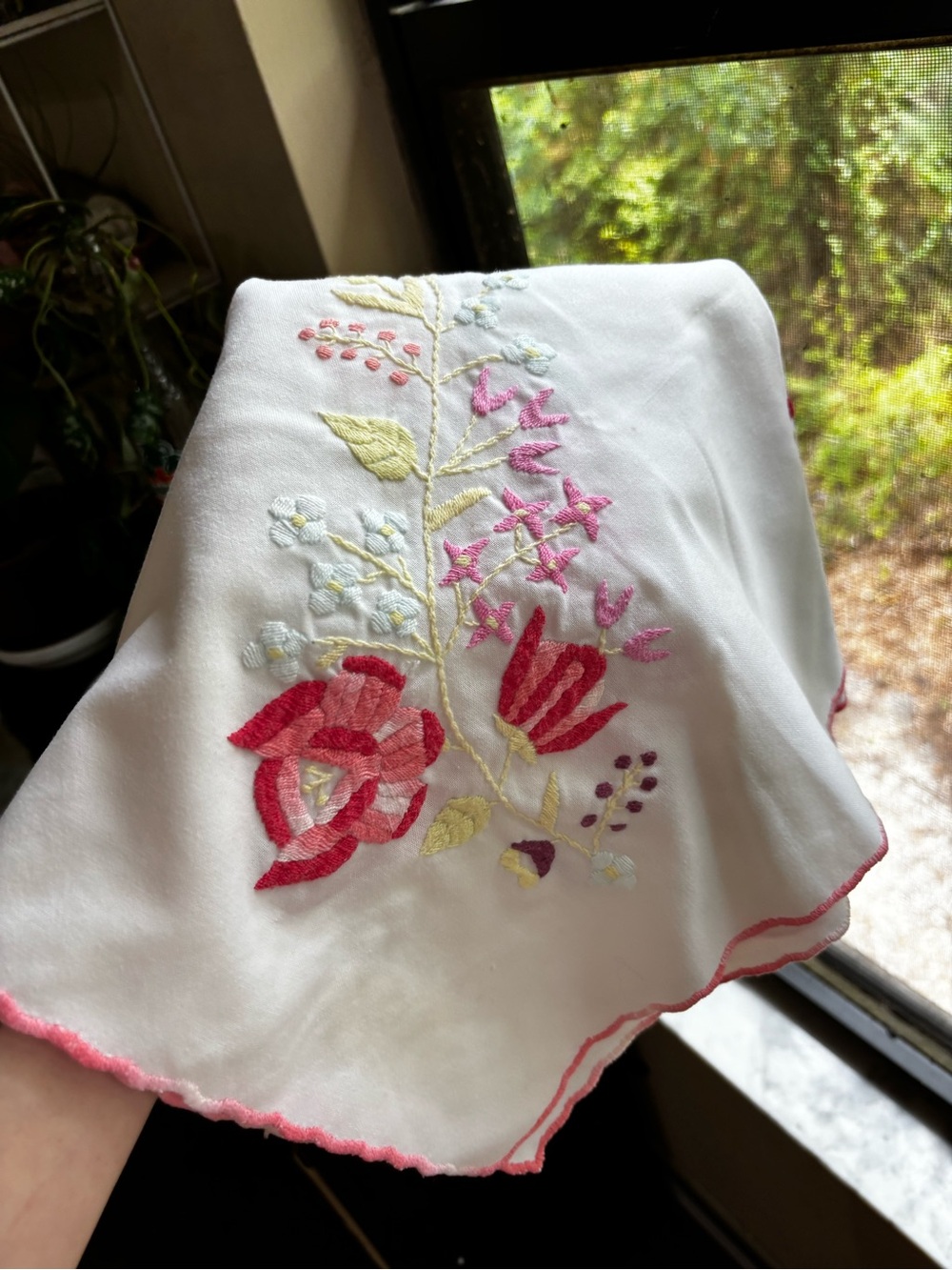 Embroidered Floral White Handkerchief with Pink Accents
